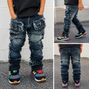 Custom Garment 2 to 14 Years Ripped Stack Jeans for Kids Custom Skinny Clothes Boys Toddler Design Denim Pants Children