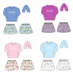 Custom Girl Clothing Sets Long Sleeve Shirt Skort Shorts Bow Applique Girls Boutique Clothing Sets for Autumn