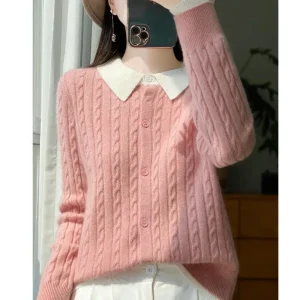 Custom Girl Sweater 100% Wool Knitted Twist Polo Collar Designer Womens Cardigan