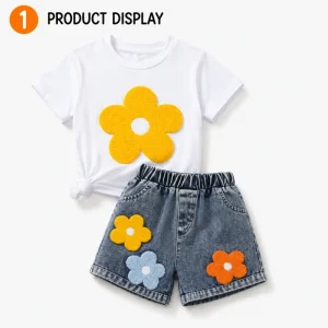 Custom Girls 2PCS Summer Outfit 3D Towel Flower T-Shirt Washed Denim Shorts Cute Casual Kids Boutique Set OEM Clothing
