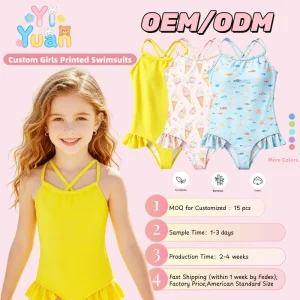 Custom Girls Crisscross Strap Ruffle Swimsuit 2-10 Years Ocean Print One-Piece Swimwear OEM/ODM Available Girls Swimsuits