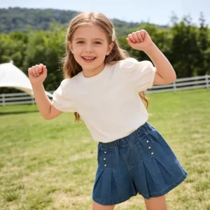 Custom Girls’ Denim Shorts OEM Multiple Colors 7 Day Sample in Stock Kids Clothing Factory Foshan