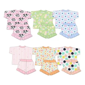 Custom Girls Floral Print Stripe Pattern 2 Piece Short Sleeve Top Shorts with Lace Decoration Summer Kids Suits