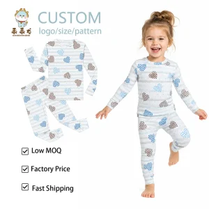 Custom Girls Heart Print Pajama Set with Tight Fit Long Sleeve Sleepwear for Toddler Kids
