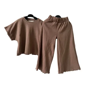 Custom Girls Kids 2 Piece Ribbed Cotton Set Cute Girls Summer Clothing Short Sleeve Top and Wide Leg Pant Set