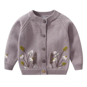 Custom Girl’s Long Sleeve Pullover Sweatshirt Fall Winter Knit Sweater with Floral Embroidery Button Decoration Wool Material
