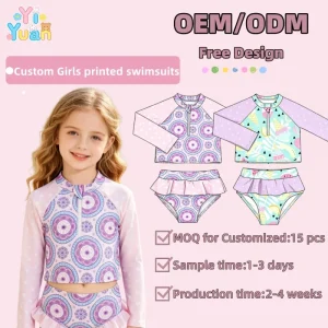 Custom Girls Long Sleeve Rash Guard Skirted Bikini Swimsuit OEM/ODM Girls Half-zip Bikini Swimsuit Girls Skirted Swimwear