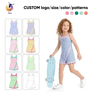 Custom Girls Striped Jumpsuit Tank Playsuit with Scalloped Trim Safety Shorts Stretchy Fabric for Daily Wear