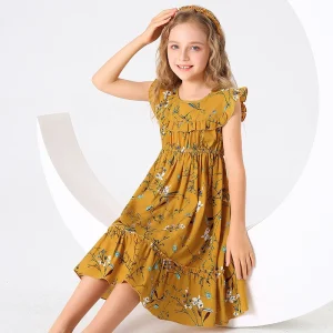 Custom Girls Summer Clothes 120-160cm Children Sleeveless Beach Dress Knee-Length Casual Floral Girls Dresses for Kids