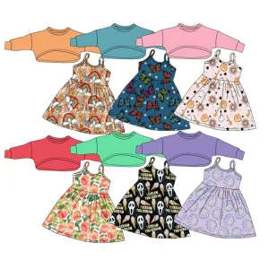 Custom Halloween Floral Pattern Long Sleeves Tops and Dresses Sets Kids Girls Clothes