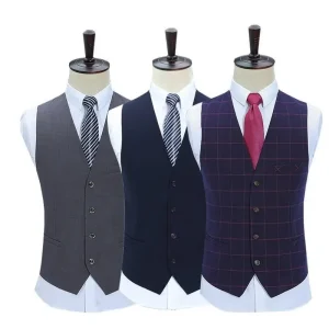 Custom High Quality Men’s Formal Wedding Vest Waistcoat Solid Color 100% Polyester Shell Knitted Single Button Closure