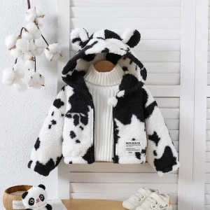 Custom Kids Apparel Baby Boy Winter Printed Plush Dairy Bear Ears Hooded Zipper Cardigan Long Sleeve Short Coat