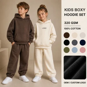 Custom Kids Boxy Oversized Fleece Hoodie Tracksuit Set Boys Girls 2PC Jogger Sweatsuit Wide Leg Pants Bulk 5 12 Years