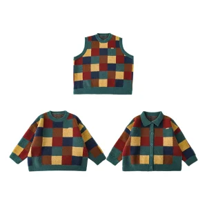 Custom Kids Boys Cube inspired Color Block Sweater Baby Children Dot Jacquard Casual Loose Plaid Knitwear