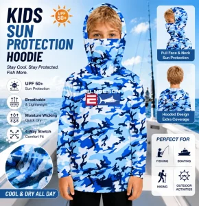 Custom Kids Boys Girl Lightweight Sun Hoodie Camo Sublimation Printing 4 Way Stretch UPF 50+ Outdoors Fishing Shirts With Hood