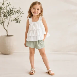 Custom Kids Clothes Girls’ 100% Cotton Breathable Printed Regular Fit Preppy Style White Square Collar Ruffle Cami Top