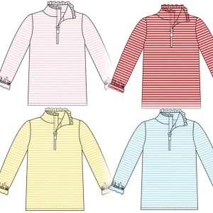 Custom Kids Girl Golf T Shirts Pink Striped Cotton Sport Long Sleeve Baby Girl Ruffle Polo Shirts Quarter Zip Pullover