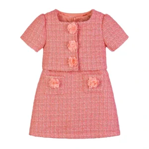 Custom Kids Girls Dress Set Tweed Short Sleeve Jacket 3D Flowers Toddler Outfits Set Children Two Piece Teen Girl Clothes Sets