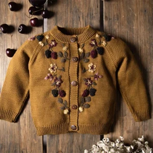 Custom Kids Girls Sweater Vintage Handmade Cotton Embroidered Long Sleeves Crew Neck Soft Knitted Girls Cardigan High Quality