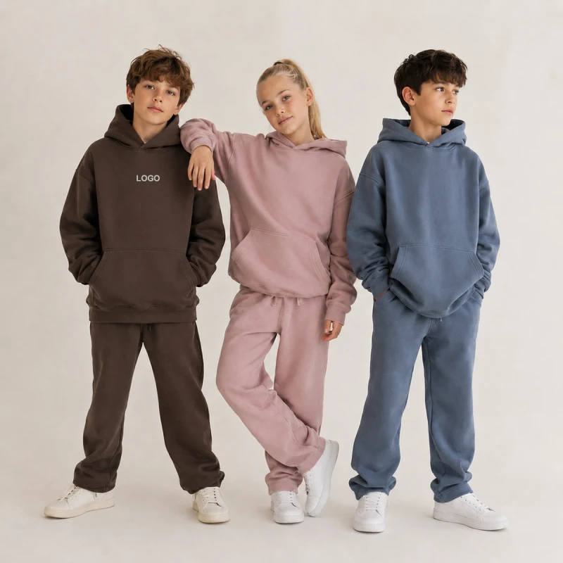 Custom Kids Hoodie Boys Girls 2-14 Years Oversized Fleece Pullover Hoodies Sweatpants Set OEM Logo Kids Clothing Sets
