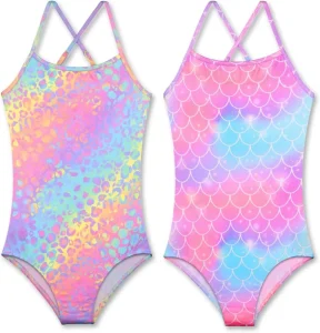 Custom Kids One Piece Swimsuit with Tie-Dye & Star Print Crisscross Back Swimwear for Toddler & Little Girls