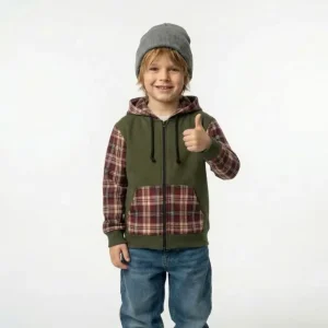 Custom Kids Plaid Sleeve Zip Up Hoodie Boys Contrast Checkered Pattern Color Block Sweatshirt Casual Pocket Jacket