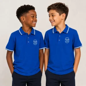 Custom Kids Polo Shirt School Uniform Royal Blue Tipped Collar Boys Cotton Pique T Shirt Manufacturer OEM Logo Low MOQ