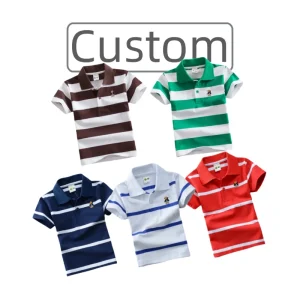 Custom Kids Polo T-Shirt Set Cotton Striped Short Sleeve 1-15 Years Button Collar Chest Print OEM Summer Boy Clothes