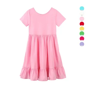 Custom Kids Ruffle Dress Casual Wear Solid Color Short Sleeve Knit Cotton Toddler Girls Twirl Dress