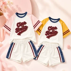 Custom Kids Summer Sports Set 100% Cotton Loose Letter T-shirt Shorts 2 Piece Casual Unisex Outfit OEM Clothing