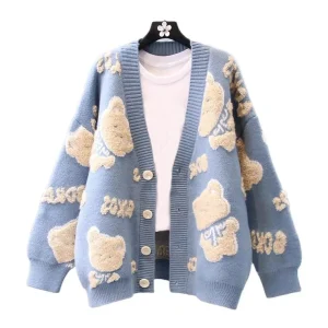 Custom Knit Sweater Retro Cartoon Jacquard Knitwear Girls Knitted Ladies Winter Long Sleeve Sweaters Women Cardigan for Women