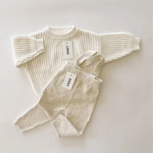 Custom Knit Sweater for Children Boys Girls Overalls Ribbed Cotton Toddler Pant Set Baby Sweater