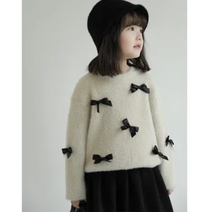 Custom Korean Style Kids Thick Winter Clothing Sweet Girls Warm Knitted Sweater with Bow