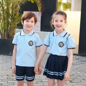 Custom Label Low Price Kindergarten Students Kids Girls Polo T-shirt Two Piece Set School Uniform