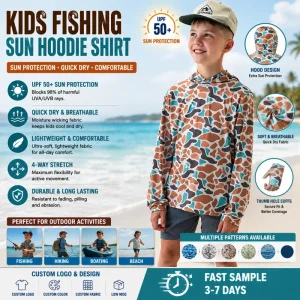 Custom Lightweight Kids Camo Fishing Shirt Youth Breathable Moisture Wicking Performance Printed Fishing Hoodie for Boys