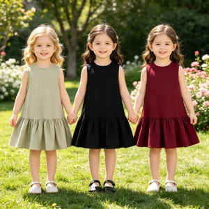 Custom Linen Cotton Girls Dresses Casual O Neck Sleeveless Children’s Clothing Solid Party Dresses Summer Kids Girl Clothes