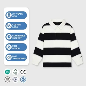 Custom Logo Boys Long Sleeve Rugby Polo Shirt 100% Cotton Fleece Fabric Anti-Wrinkle Quick-Dry Breathable School Uniform Sporty