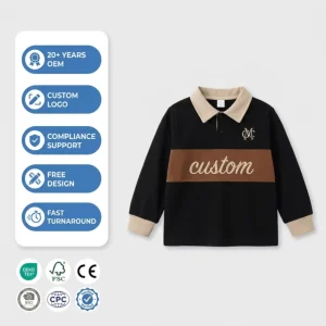 Custom Logo Boys Long Sleeve Rugby Polo Shirt Cotton Solid Casual School Uniform Kids Color Block Top Breathable Eco Friendly