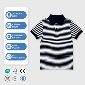 Custom Logo Boys Striped T Shirt Short Sleeve 100% Cotton Kids School Uniform Navy White Nautical Top Summer Casual OEM