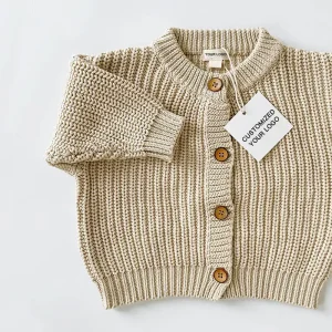 Custom Logo Chunky Knit Oversized Baby Sweaters 100% Cotton Thick Knitted Baby Boys Girls Cardigans Winter