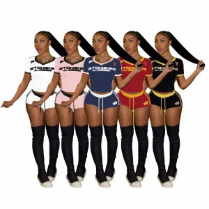 Custom Logo European and American Slim-fit Sexy Girl Print Short-sleeve V-neck Top with Drawstring Shorts Set
