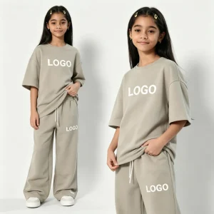 Custom Logo Girls Summer Clothing Set 2 Piece Oversized T shirt and Wide Leg Pants Outfits