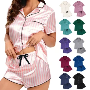 Custom Logo Girls & Women’s Striped Silky Satin Pajamas Short Sleeve Top with Shorts Sleepwear PJ Set Drawstring Short