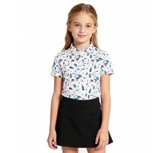 Custom Logo High Quality 4 Way Stretch Moisture Wicking Polyester Spandex Printed Kids Girls Golf T Shirts Polo Shirts