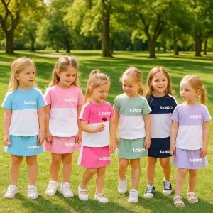 Custom Logo Kids Cute Casual Little Girls Clothing Cotton Skirt 2Pcs Toddler Outfits Summer Children Two Piece Set for Girls