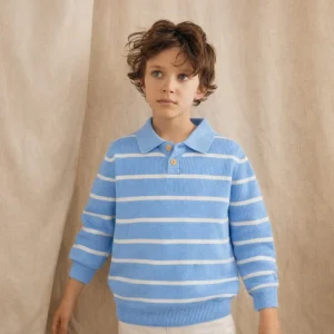 Custom Logo Kids Striped Knit Eco Friendly Breathable Cotton Boys Pullover for Collar Autumn Winter Children