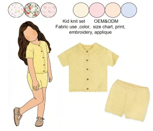 Custom Logo Knit Washable Polyester Cotton Girls Summer Casual Wear Set Top & Shorts Bottom Girls Sweater Sets