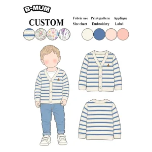 Custom Logo Printing Service Kids Knit Sweater 2-5Y Boys Cotton Striped Knit Cardigan With Bear Embroidery V Neck for Casual