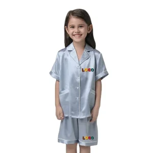 Custom Logo Silk NightGown Little Girls Short Sleeve Sleepwear Kids Satin Pajamas Set