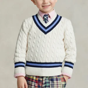 Custom Logo Striped Trim Kid Knit Sweater V Neck Classic Cable Texture Boy Cricket Sweater